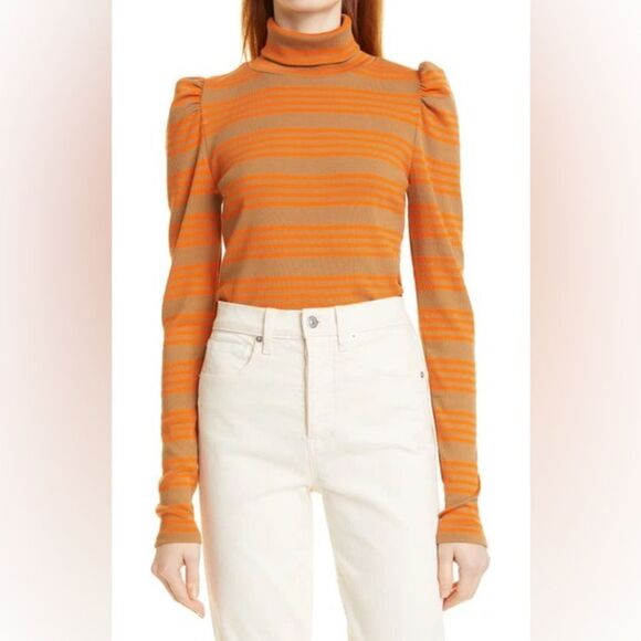 Veronica Beard Cedar Stretch Cotton Turtleneck Top In Teddy Brown and Orange - Picture 1 of 5
